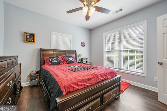bedroom with multiple windows, baseboards, and dark wood finished floors