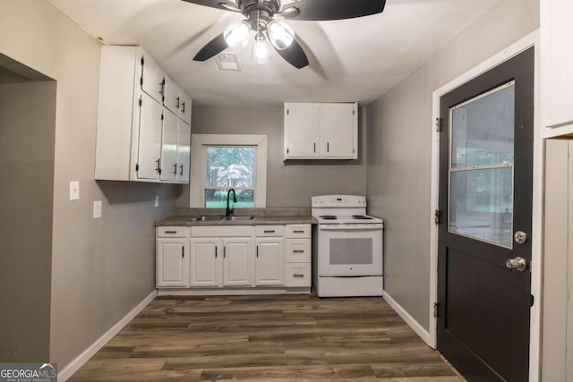451 Woodlawn Dr, Crawford, GA 30630 - kitchen featuring white cabinets, electric stove, a sink, dark wood-type flooring, and ceiling fan