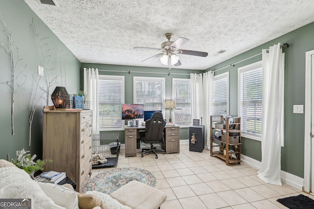 122 Eagle View Dr, Monticello, GA 31064 - office space with ceiling fan, light tile patterned floors, a textured ceiling, and baseboards