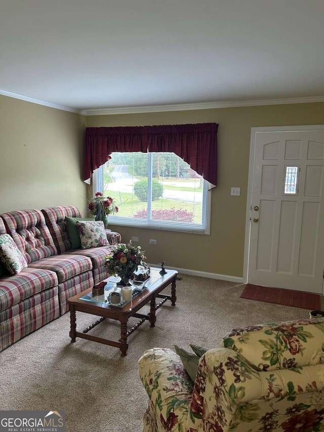 living area with baseboards, carpet flooring, and crown molding