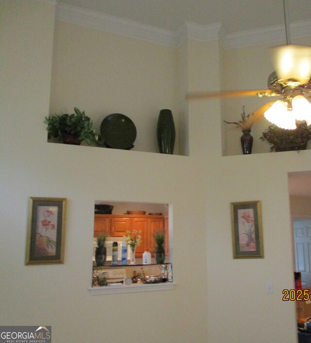 interior details with ceiling fan and ornamental molding