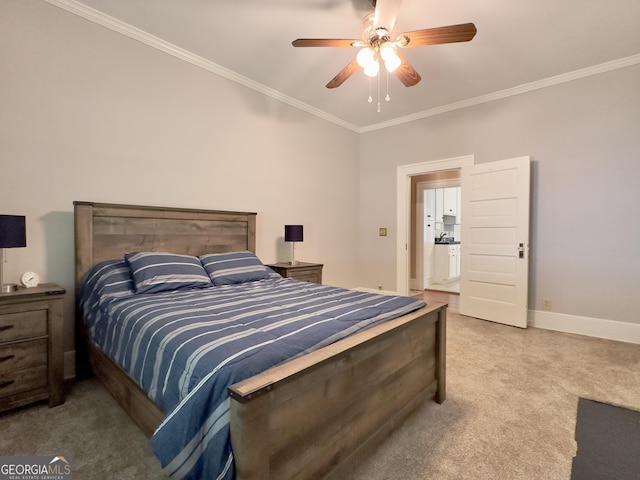 bedroom with baseboards, ornamental molding, a ceiling fan, and carpet flooring