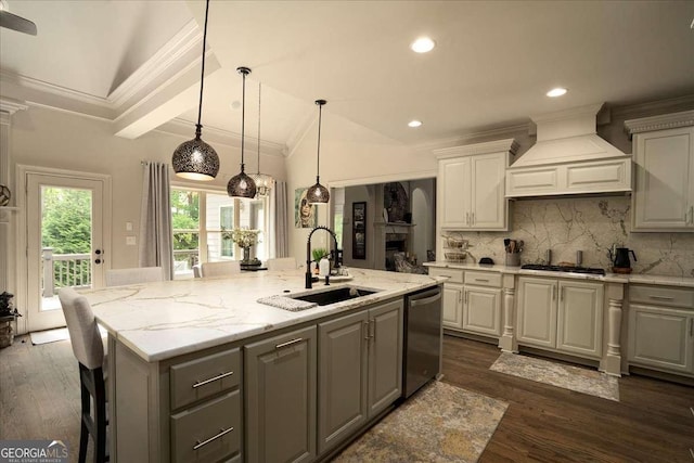 175 Tillman Ln, Athens, GA 30606 - kitchen featuring stainless steel dishwasher, gray cabinetry, a sink, decorative backsplash, and an island with sink