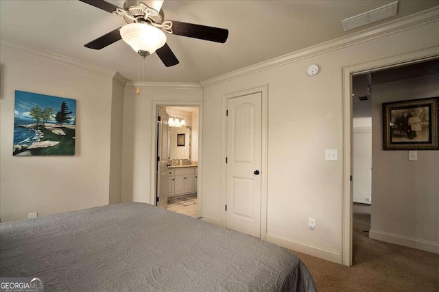 175 Tillman Ln, Athens, GA 30606 - carpeted bedroom with ornamental molding, baseboards, ensuite bathroom, and ceiling fan