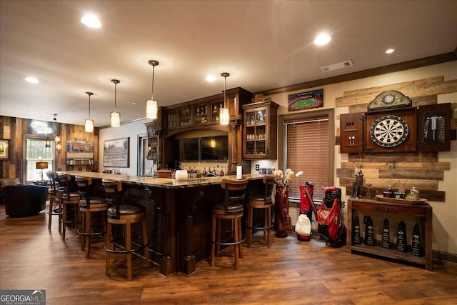 175 Tillman Ln, Athens, GA 30606 - indoor wet bar with dark wood finished floors, recessed lighting, and hanging light fixtures