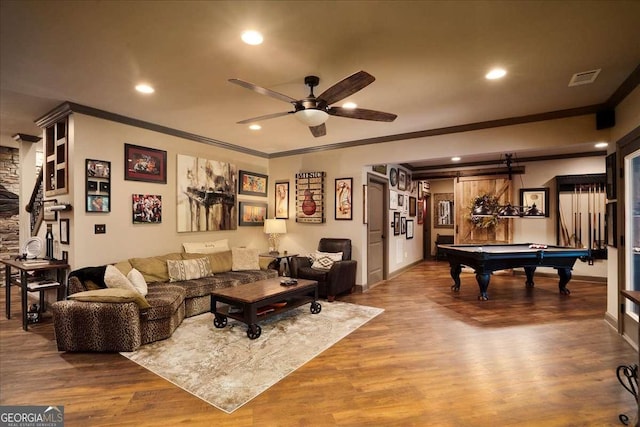 175 Tillman Ln, Athens, GA 30606 - living area with crown molding, ceiling fan, billiards, recessed lighting, and wood finished floors