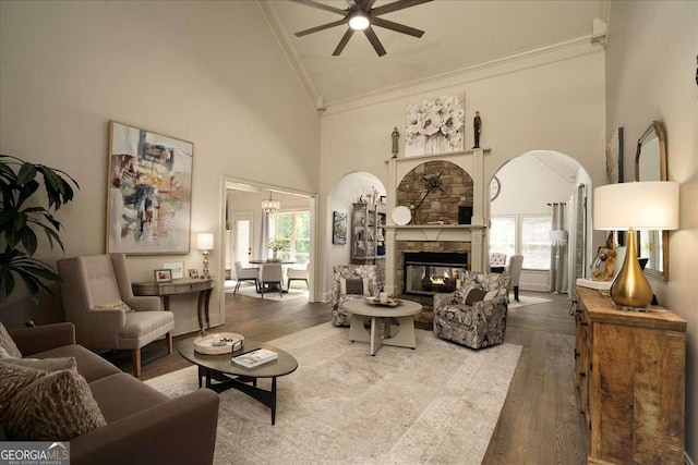 175 Tillman Ln, Athens, GA 30606 - living room featuring crown molding, high vaulted ceiling, a ceiling fan, healthy amount of natural light, and wood finished floors