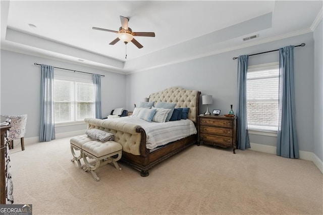 3883 Wakefield Hall Sq SE, Smyrna, GA 30080 - bedroom with a raised ceiling, light colored carpet, baseboards, a ceiling fan, and ornamental molding