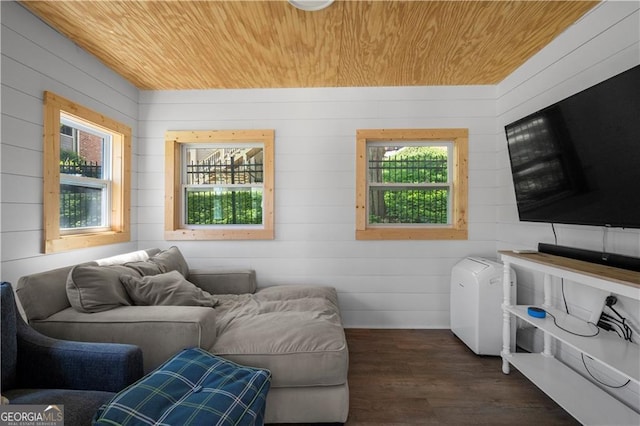 3883 Wakefield Hall Sq SE, Smyrna, GA 30080 - living room featuring wood ceiling, dark wood-style flooring, and wooden walls