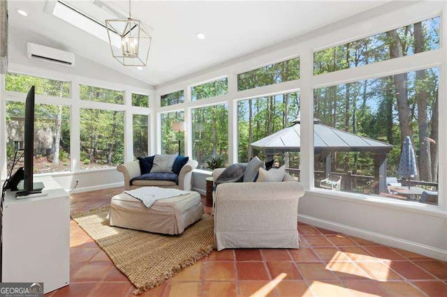 5790 Heards Forest Dr, Atlanta, GA 30328 - sunroom featuring an AC wall unit, baseboards, an inviting chandelier, and lofted ceiling