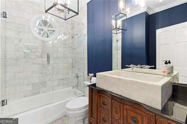5790 Heards Forest Dr, Atlanta, GA 30328 - bathroom with enclosed tub / shower combo, vanity, toilet, a chandelier, and ornamental molding
