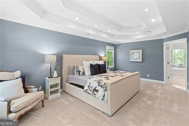 5790 Heards Forest Dr, Atlanta, GA 30328 - bedroom featuring crown molding, multiple windows, light carpet, and a raised ceiling