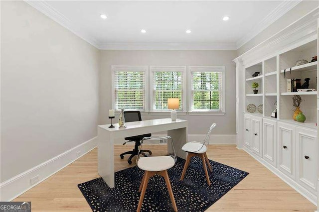 5790 Heards Forest Dr, Atlanta, GA 30328 - office area with crown molding, recessed lighting, light wood-style flooring, and baseboards