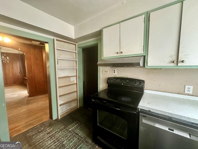623 Mcdonald St, Waycross, GA 31503 - kitchen with black range with electric stovetop, under cabinet range hood, stainless steel dishwasher, light countertops, and white cabinets