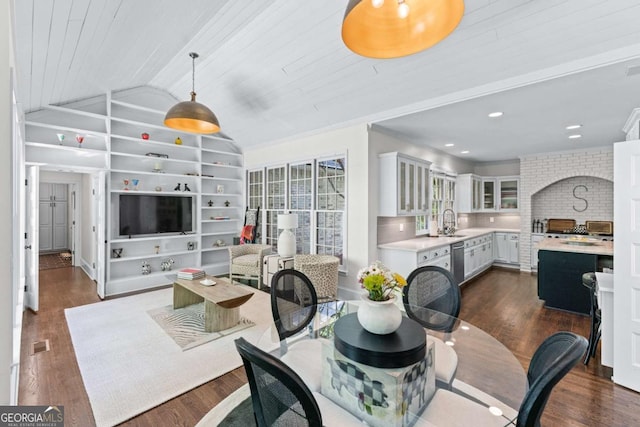 1811 Fountain Hill Ct, Duluth, GA 30097 - dining space with lofted ceiling, built in features, dark wood-type flooring, and wood ceiling