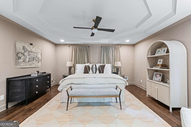 1811 Fountain Hill Ct, Duluth, GA 30097 - bedroom featuring ornamental molding, wood finished floors, a raised ceiling, recessed lighting, and a ceiling fan