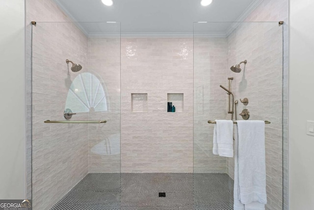 1811 Fountain Hill Ct, Duluth, GA 30097 - bathroom featuring crown molding and a stall shower