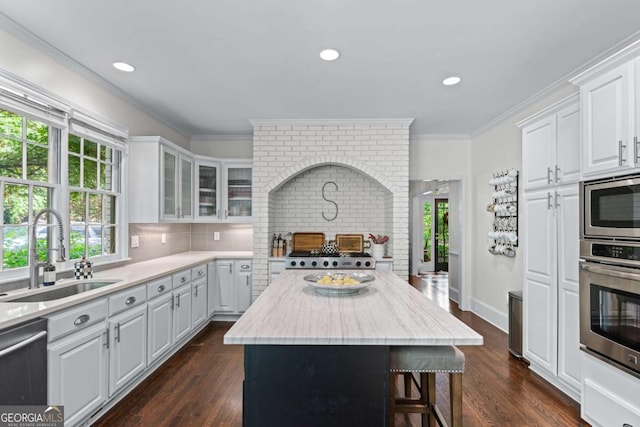 1811 Fountain Hill Ct, Duluth, GA 30097 - kitchen featuring a sink, appliances with stainless steel finishes, white cabinetry, plenty of natural light, and ornamental molding
