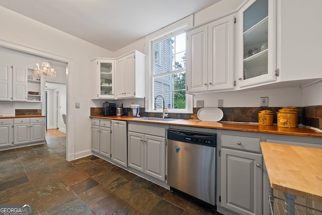 1419 Briarcliff Rd, Macon, GA 31201 - kitchen featuring a sink, wood counters, glass insert cabinets, dishwasher, and stone finish floor