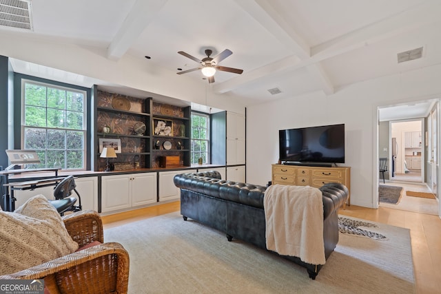 1419 Briarcliff Rd, Macon, GA 31201 - living room featuring beamed ceiling, visible vents, light wood-style floors, and ceiling fan