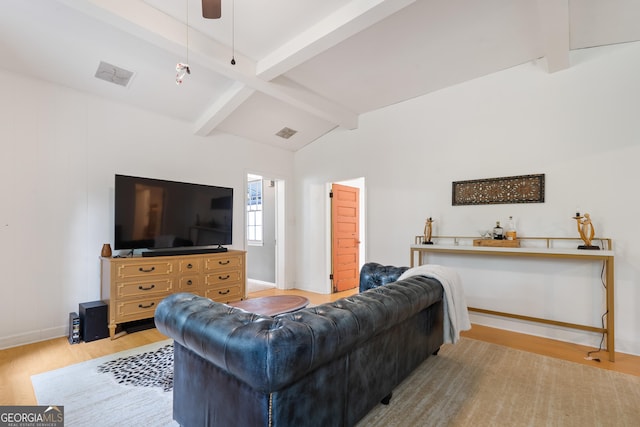 1419 Briarcliff Rd, Macon, GA 31201 - living area featuring a ceiling fan, wood finished floors, lofted ceiling with beams, baseboards, and visible vents
