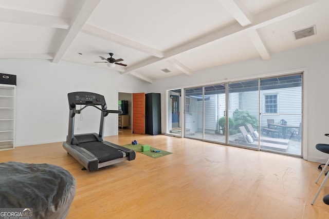 1419 Briarcliff Rd, Macon, GA 31201 - workout room featuring wood finished floors, visible vents, lofted ceiling, and ceiling fan