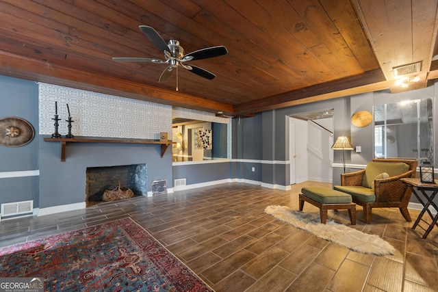 1419 Briarcliff Rd, Macon, GA 31201 - living area with baseboards, visible vents, a ceiling fan, and wood ceiling