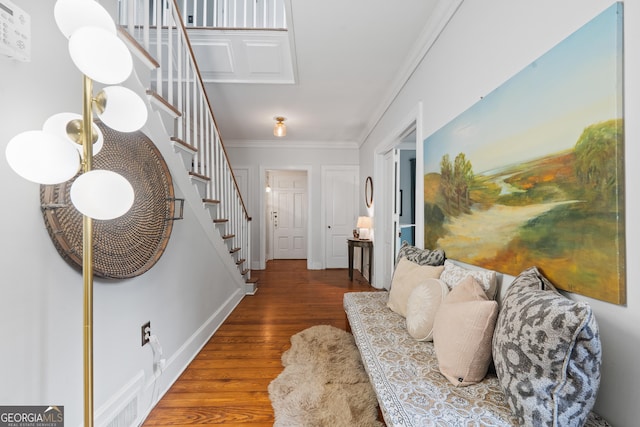 1419 Briarcliff Rd, Macon, GA 31201 - interior space with stairs, ornamental molding, wood finished floors, and baseboards
