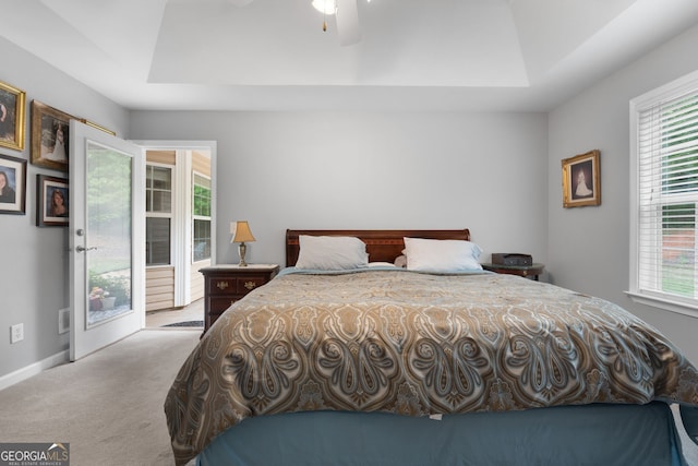 bedroom with access to exterior, multiple windows, carpet, and baseboards