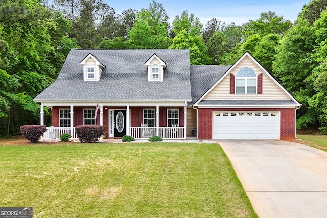 cape cod house with a porch, a front lawn, a garage, a shingled roof, and driveway