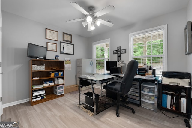 office with wood finished floors, a ceiling fan, and visible vents