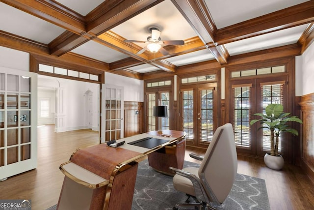 2480 Flint Creek Dr, Cumming, GA 30041 - home office featuring wood finished floors, beam ceiling, ceiling fan, and french doors