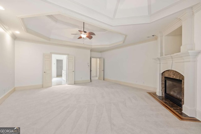 2480 Flint Creek Dr, Cumming, GA 30041 - unfurnished living room with a fireplace, crown molding, light colored carpet, and ceiling fan
