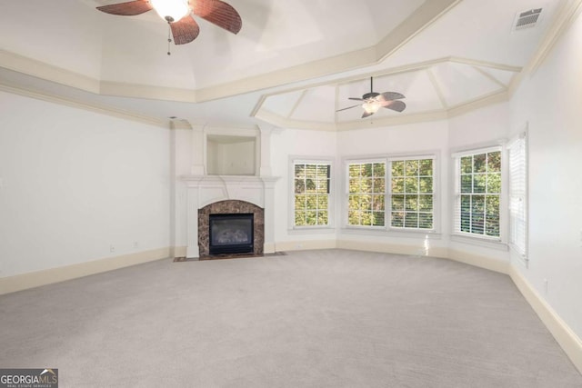 2480 Flint Creek Dr, Cumming, GA 30041 - unfurnished living room with visible vents, a premium fireplace, a ceiling fan, and carpet flooring