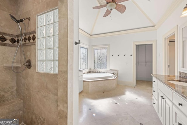 2480 Flint Creek Dr, Cumming, GA 30041 - bathroom featuring a bath, ceiling fan, vanity, and tiled shower