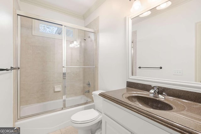 2480 Flint Creek Dr, Cumming, GA 30041 - full bath featuring toilet, ornamental molding, vanity, and shower / bath combination with glass door