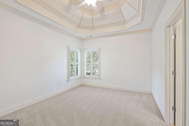 2480 Flint Creek Dr, Cumming, GA 30041 - unfurnished bedroom with a ceiling fan, a tray ceiling, light colored carpet, baseboards, and ornamental molding