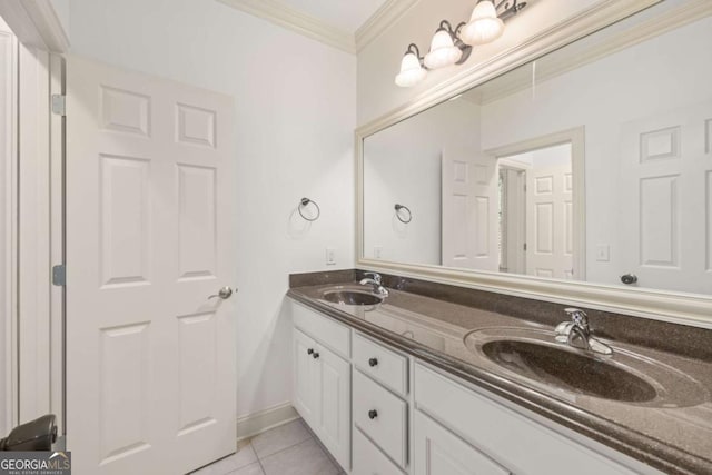 2480 Flint Creek Dr, Cumming, GA 30041 - full bathroom with crown molding, double vanity, tile patterned floors, and a sink