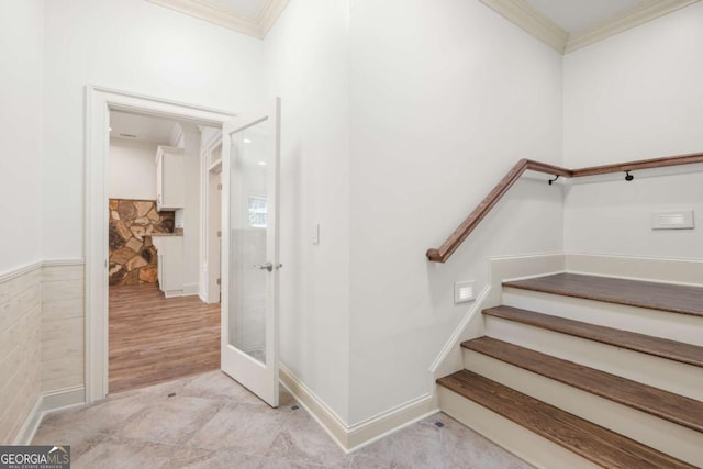 2480 Flint Creek Dr, Cumming, GA 30041 - stairway featuring crown molding