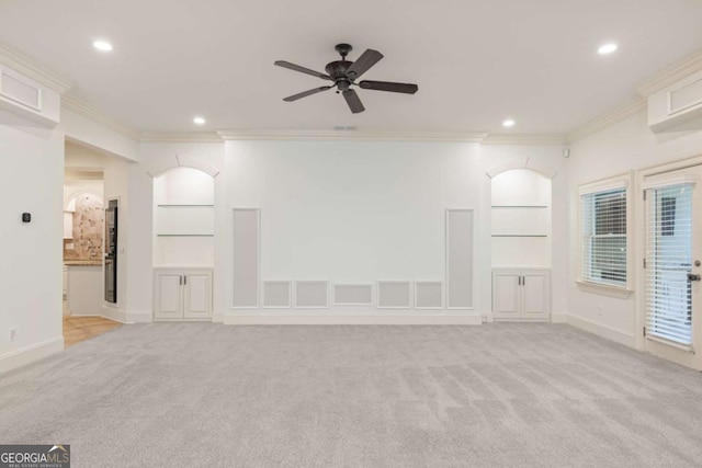 2480 Flint Creek Dr, Cumming, GA 30041 - unfurnished living room featuring recessed lighting, crown molding, built in features, and light carpet