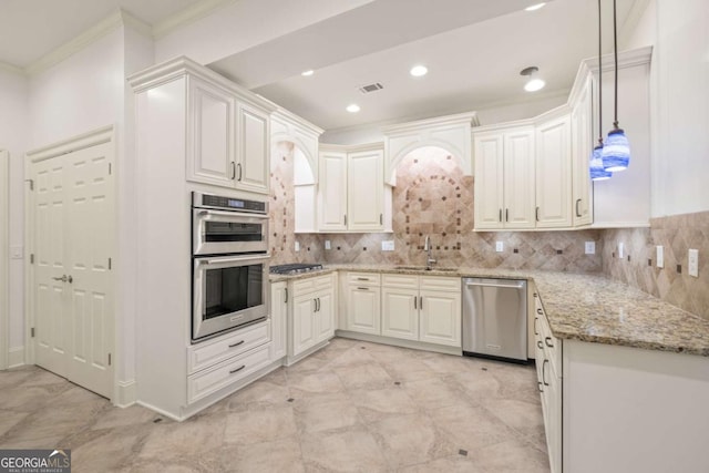 2480 Flint Creek Dr, Cumming, GA 30041 - kitchen with light stone counters, a sink, appliances with stainless steel finishes, and tasteful backsplash