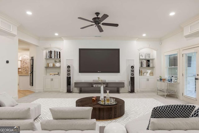 2480 Flint Creek Dr, Cumming, GA 30041 - living area with recessed lighting, crown molding, built in shelves, and ceiling fan