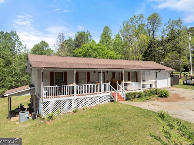 4701 Cleveland Hwy, Gainesville, GA 30506 - ranch-style house with a porch, concrete driveway, a front lawn, a garage, and roof with shingles