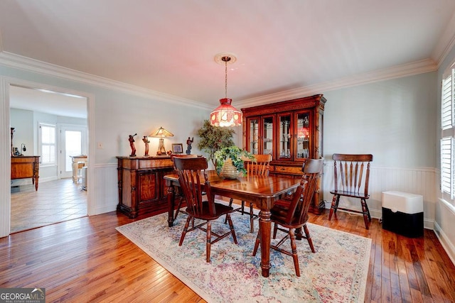 dining area featuring crown molding, light wood finished floors, and wainscoting