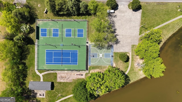 aerial view featuring a water view