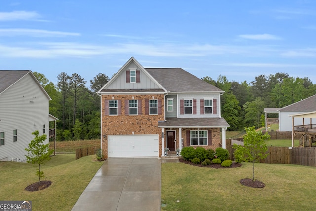 traditional-style house featuring board and batten siding, driveway, a front yard, a garage, and brick siding