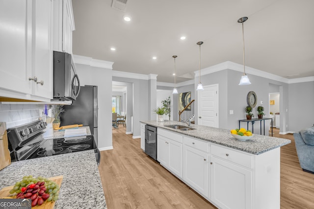 kitchen with crown molding, electric range oven, visible vents, and dishwasher