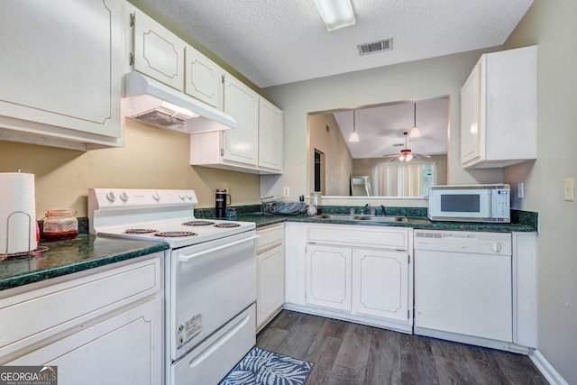 108 Magnolia Plantation Trce Unit 108, Hinesville, GA 31313 - kitchen with under cabinet range hood, dark countertops, visible vents, and white appliances