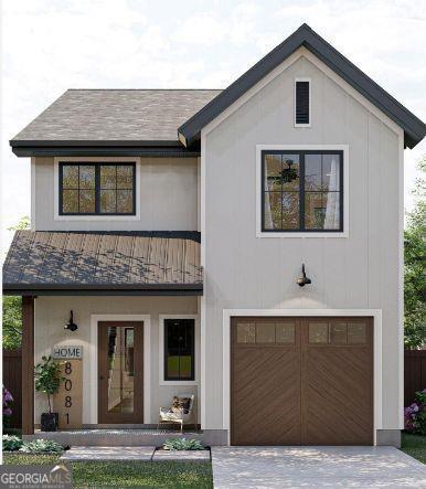 modern inspired farmhouse featuring a garage, driveway, fence, and roof with shingles