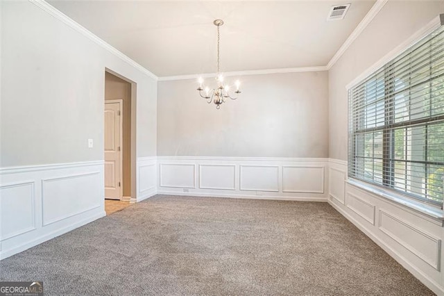 2212 Reddy Farm Ln, Grayson, GA 30017 - empty room with an inviting chandelier, ornamental molding, visible vents, and light carpet